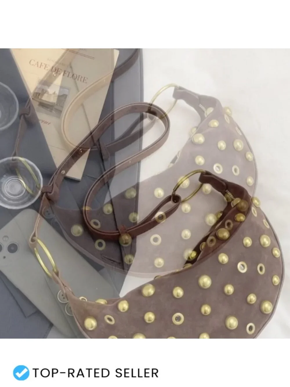 Studded Hobo Bag Faux Suede Crescent Shoulder Purse Women